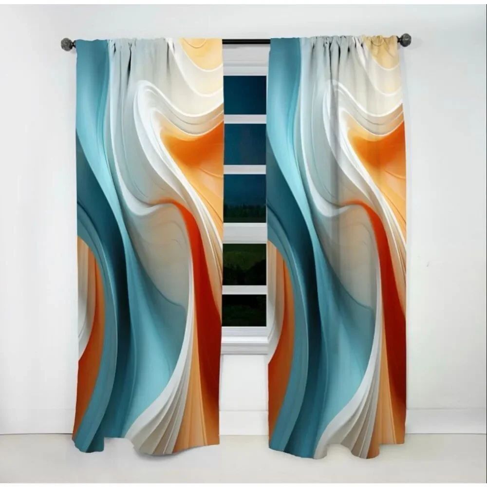 Blue And Orange Fractal Curves In Motion I - Fractal Abstract Room Curtain 1Pane